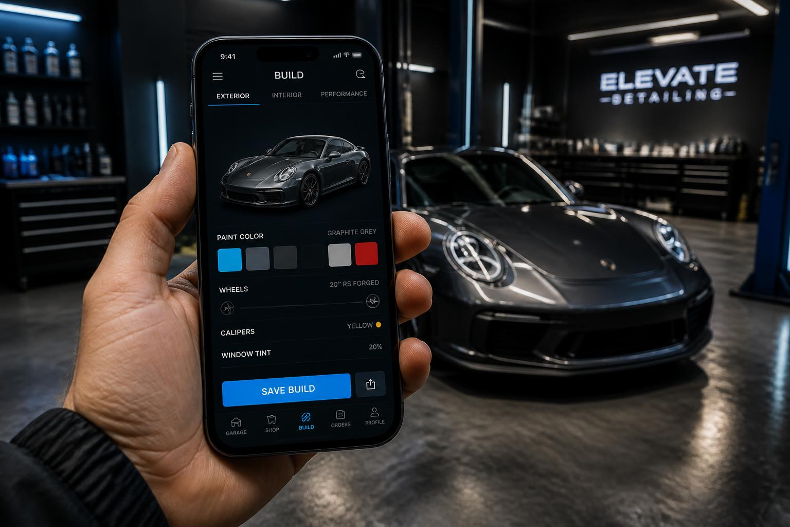 Detailer holding a phone showing a vehicle color configurator in a shop bay
